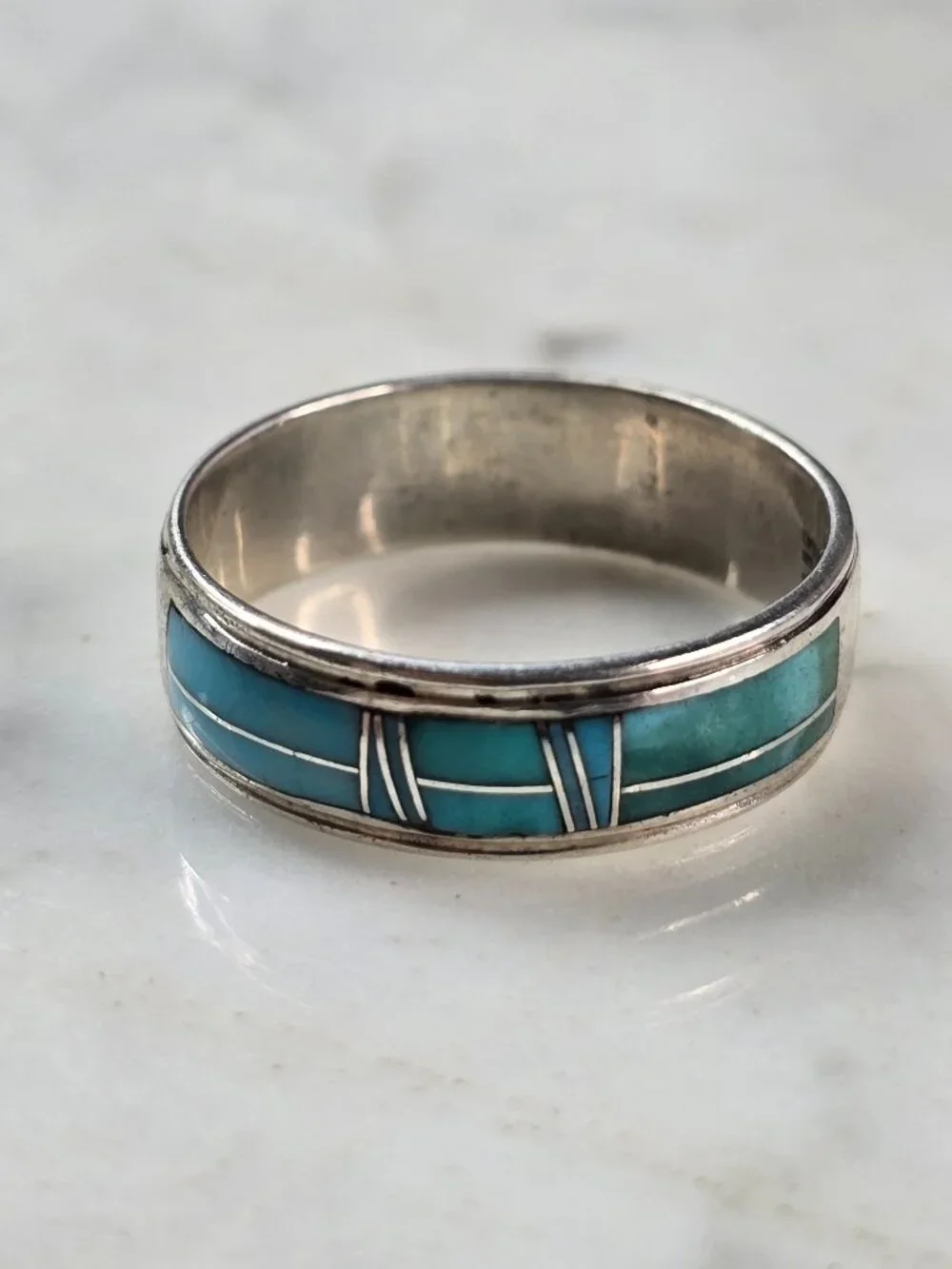 Mens Vintage Estate Sterling Silver Southwestern Turquoise Band Ring 6.1g E633